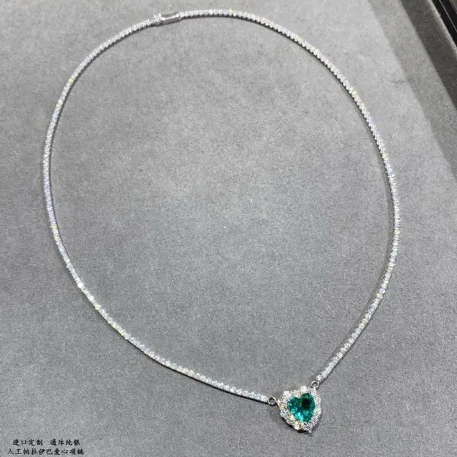 Silver Green Pavé-Set Heart-Shaped Pendant Necklace 5