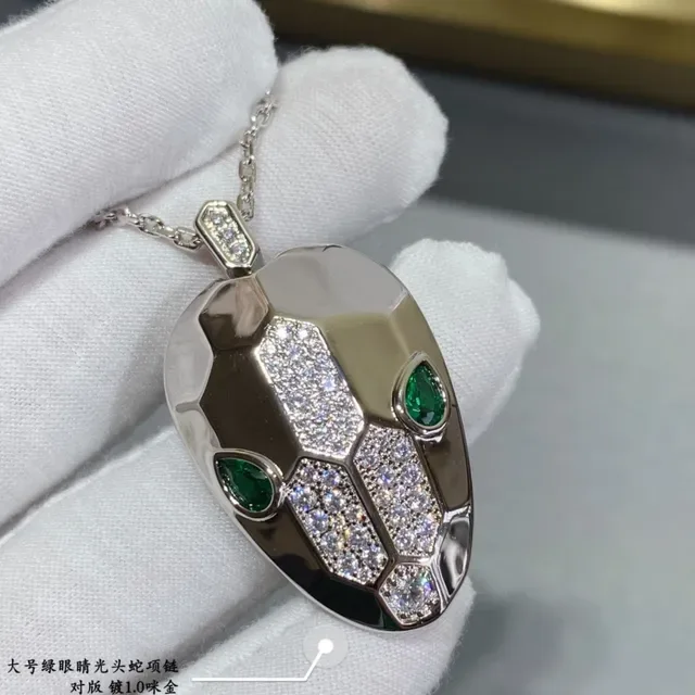 Silver Green Snake-Head Pendant Pavé-Set Stones Necklace 5