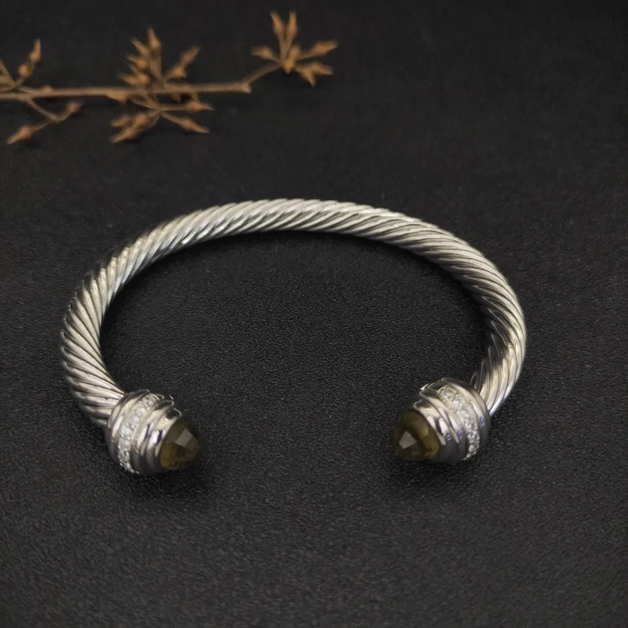 Silver Green Twisted Cable Faceted Stone Terminals Bracelet 9