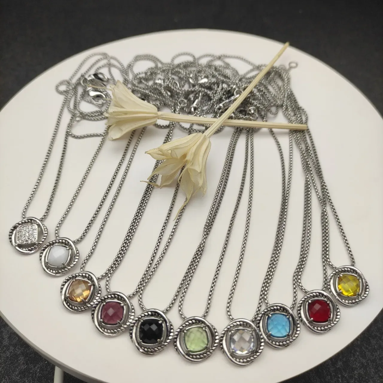 Silver Multicolor Rope Chain Faceted Gemstone Pendants Necklace 1