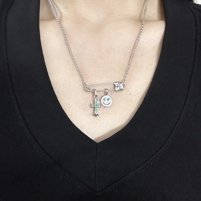 Silver Multicolor Safety-Pin Bar Dual-Charm Pendant Necklace 3
