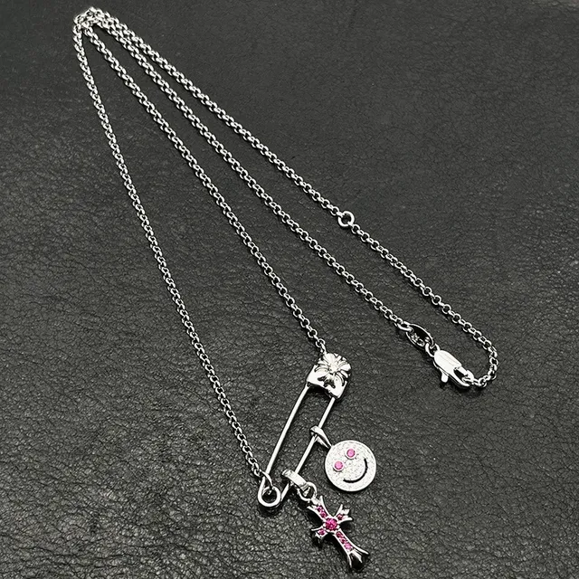 Silver Multicolor Safety-Pin Bar Dual-Charm Pendant Necklace 4