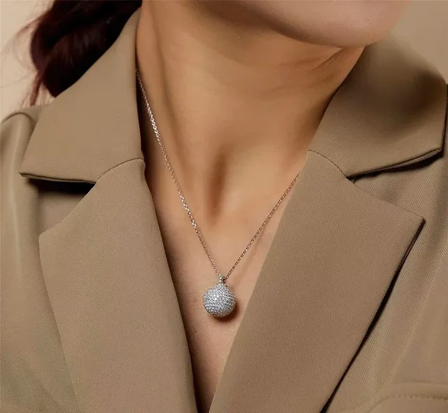 Silver Navy Pavé-Set Spherical Pendant Fine Link Chain Necklace 2
