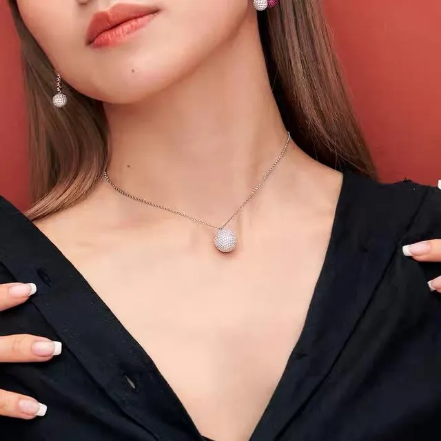 Silver Navy Pavé-Set Spherical Pendant Fine Link Chain Necklace 3