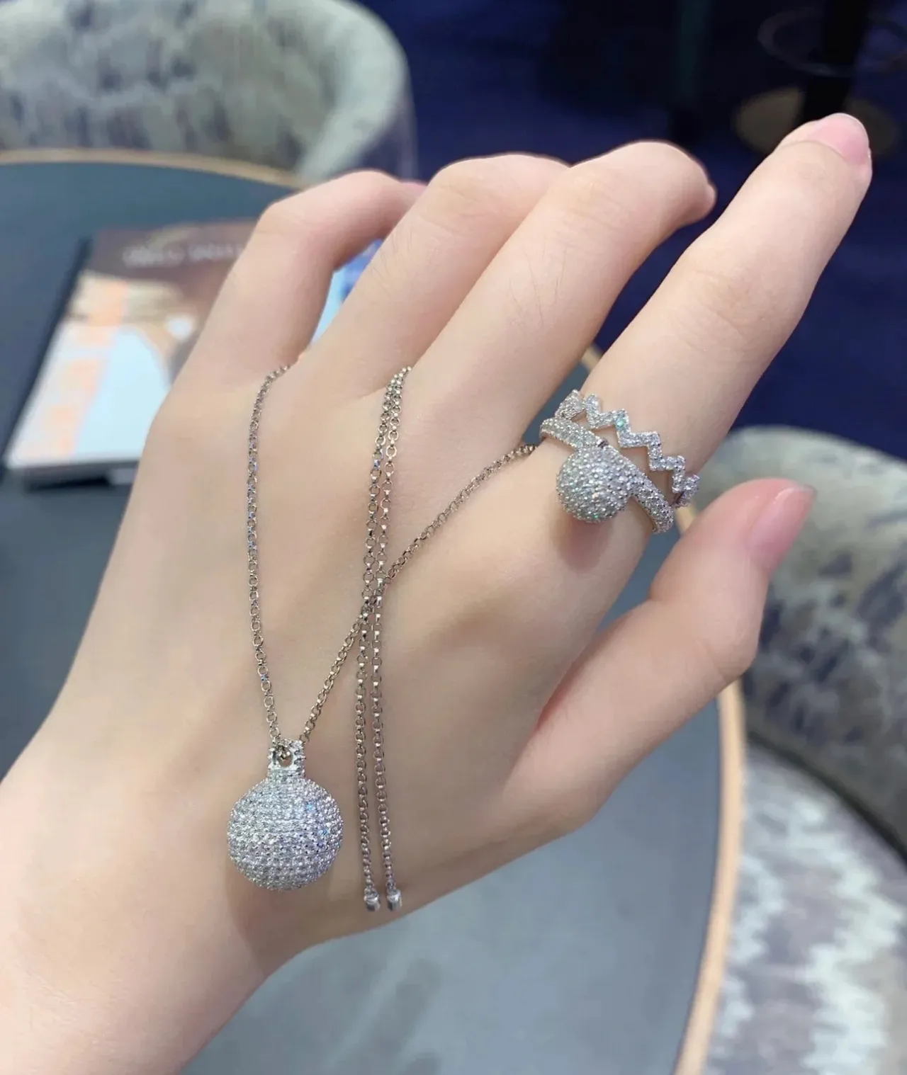 Silver Navy Pavé-Set Spherical Pendant Fine Link Chain Necklace 5