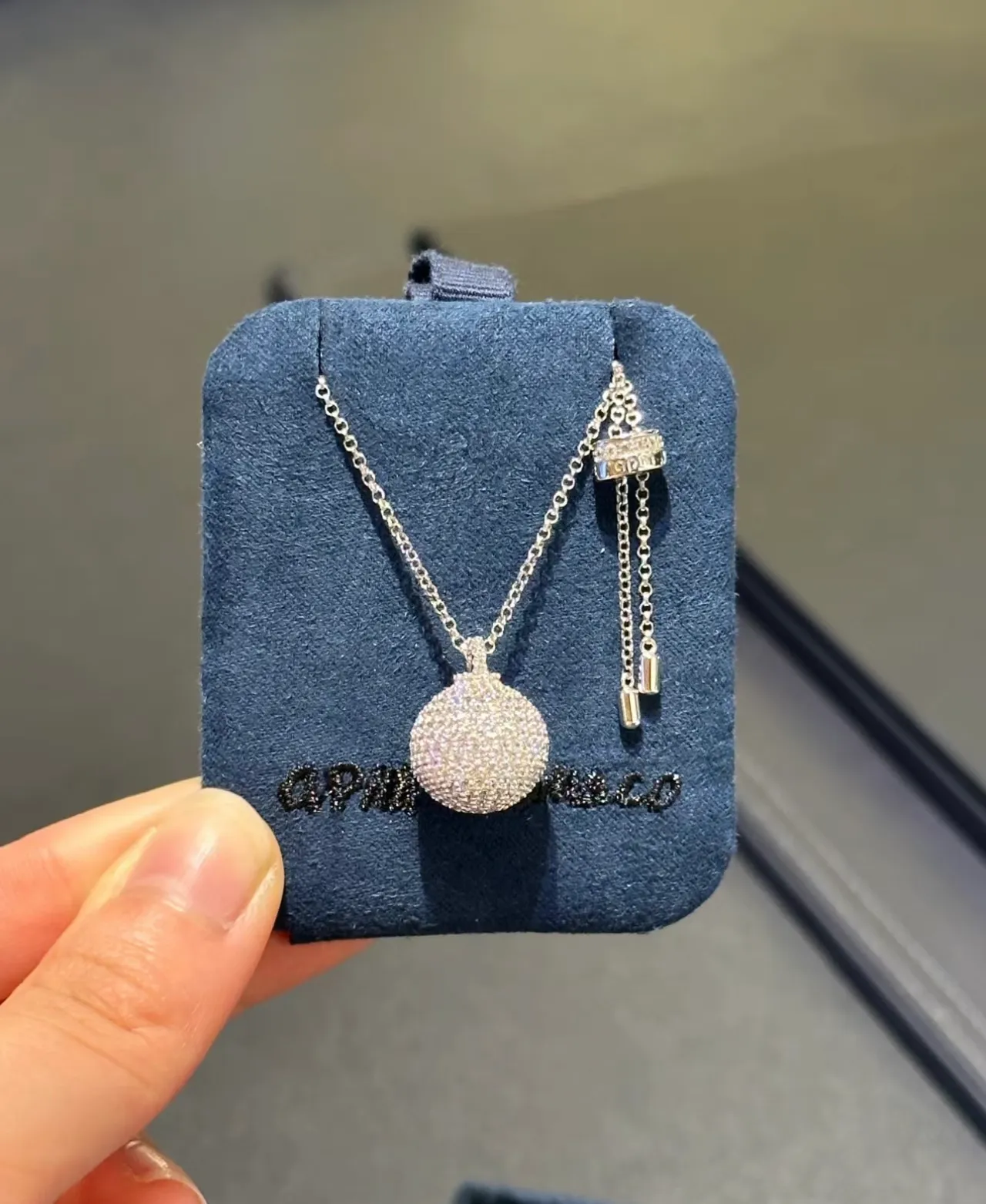 Silver Navy Pavé-Set Spherical Pendant Fine Link Chain Necklace 7