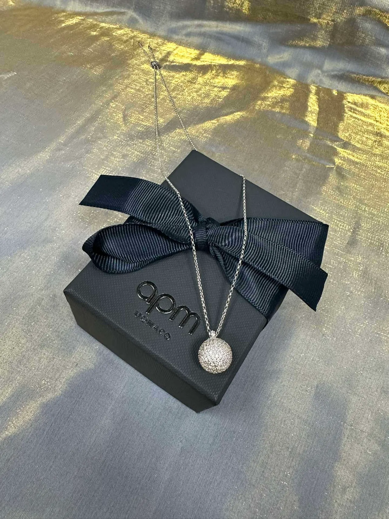 Silver Navy Pavé-Set Spherical Pendant Fine Link Chain Necklace 9