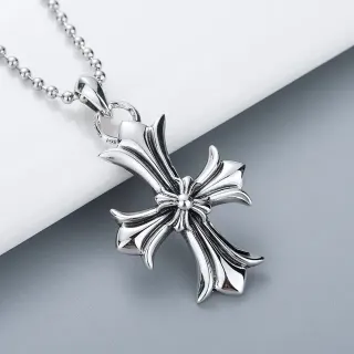 Silver Ornate Cross Pendant Floral-Inspired Flared Arms Necklace