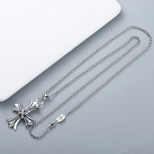 Silver Ornate Cross Pendant Floral-Inspired Flared Arms Necklace 2
