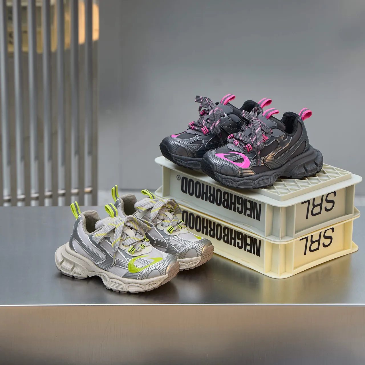 Silver Pink Sole Layered Synthetic Overlays Chunky Sneakers 4