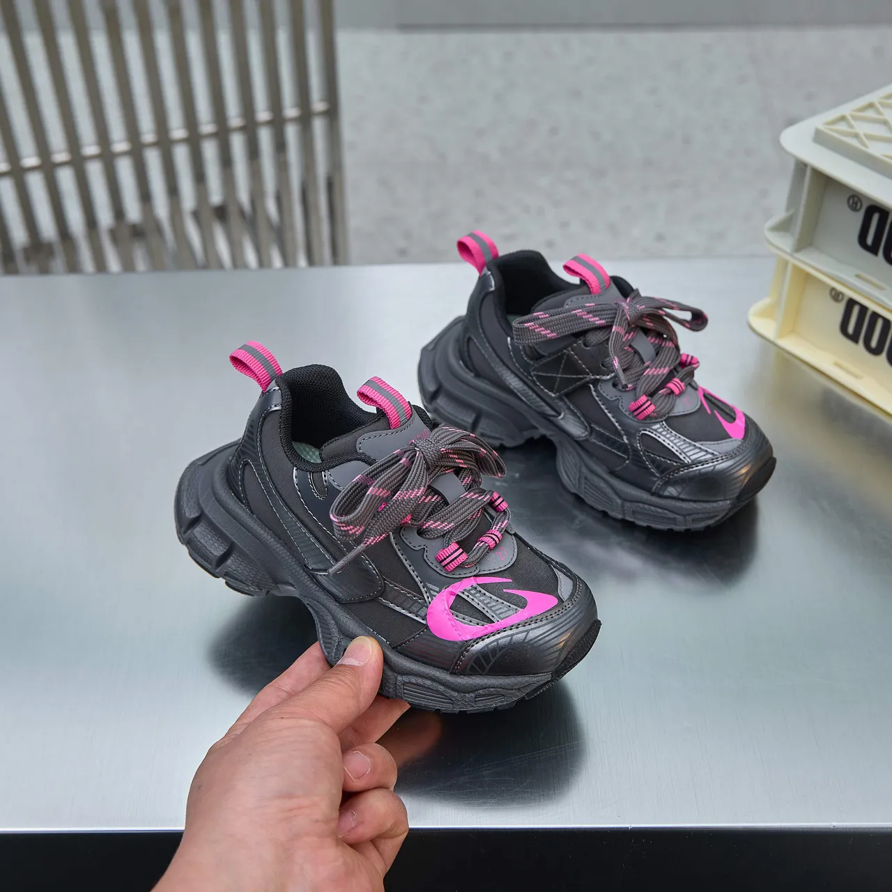 Silver Pink Sole Layered Synthetic Overlays Chunky Sneakers 5
