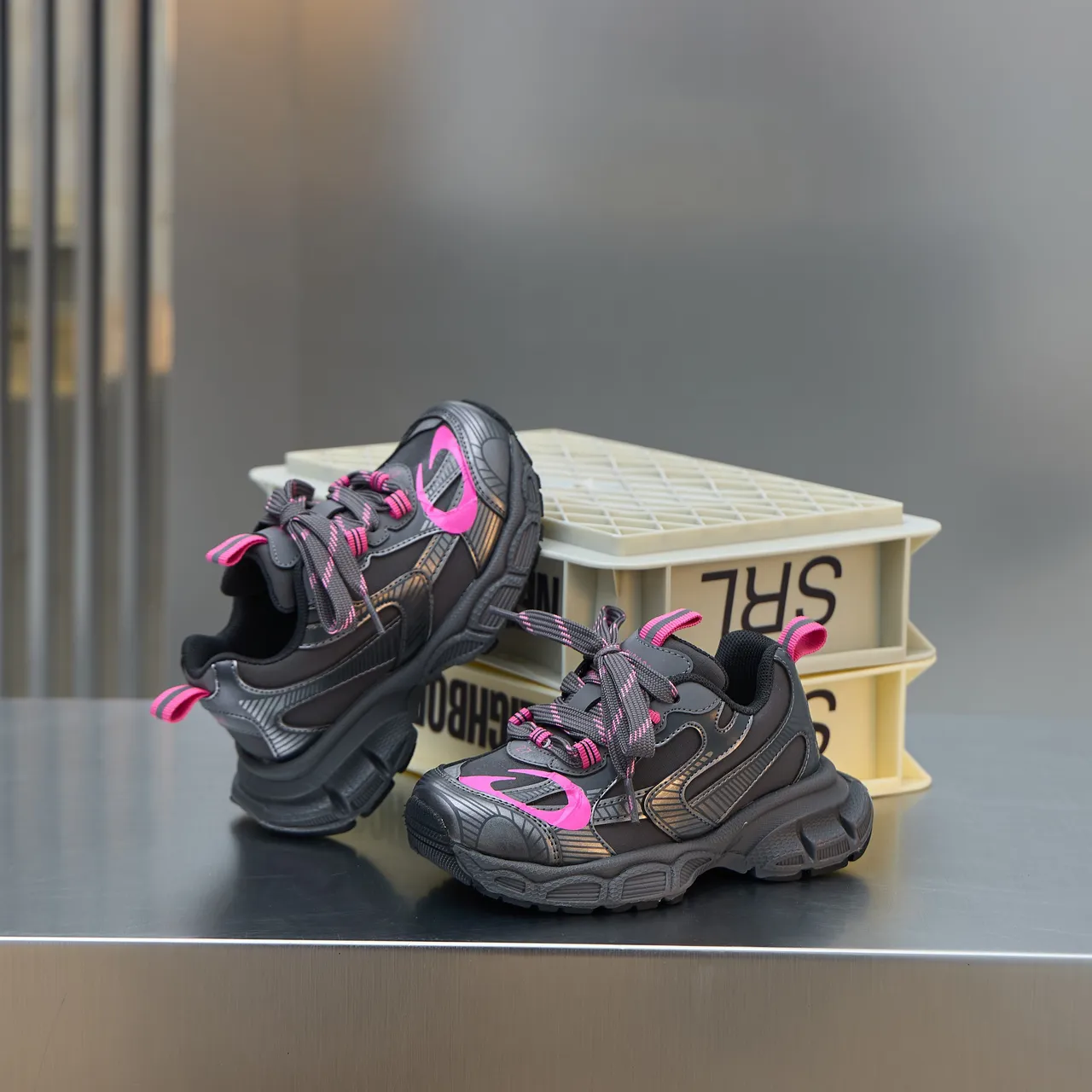 Silver Pink Sole Layered Synthetic Overlays Chunky Sneakers 8