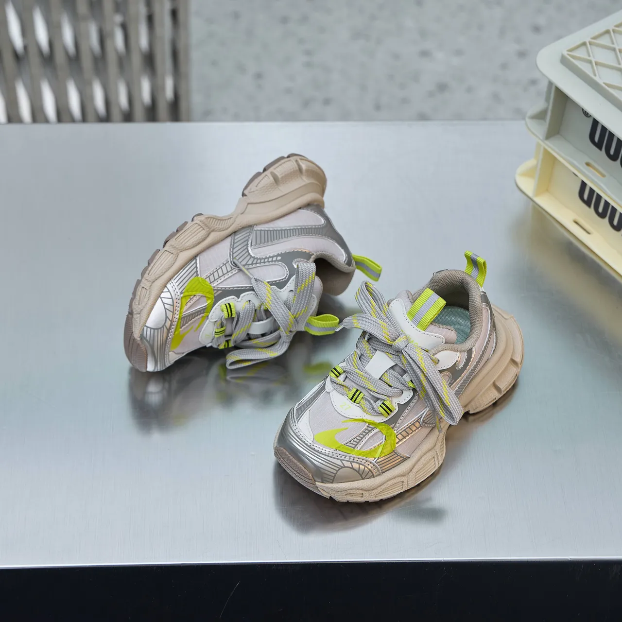 Silver Pink Sole Layered Synthetic Overlays Chunky Sneakers 14
