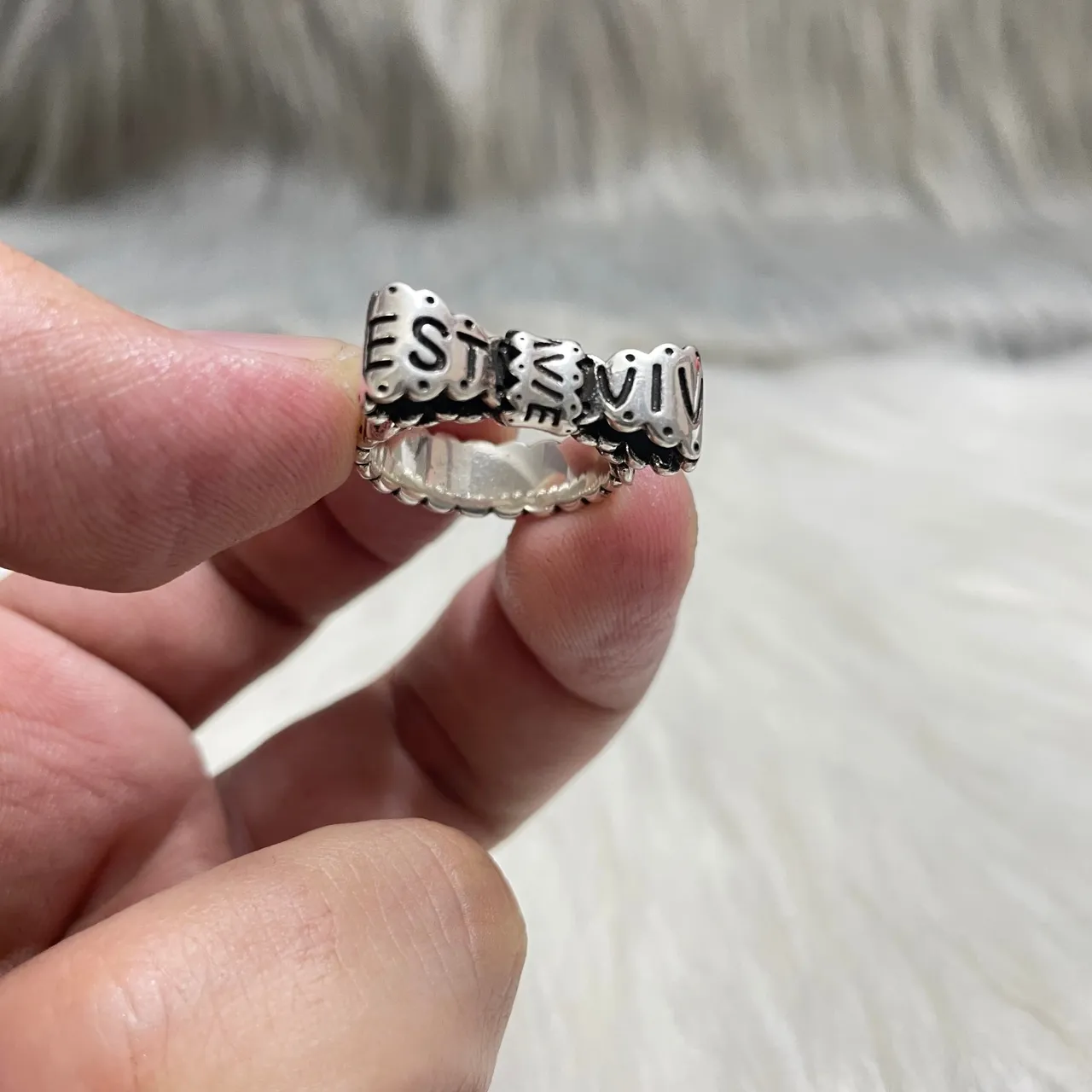 Silver-Tone Block Letter Engraved Chunky Ring 2