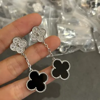 Silver-Tone Clover-Shaped Pavé and Black Inlay Chain-Dangle Earrings