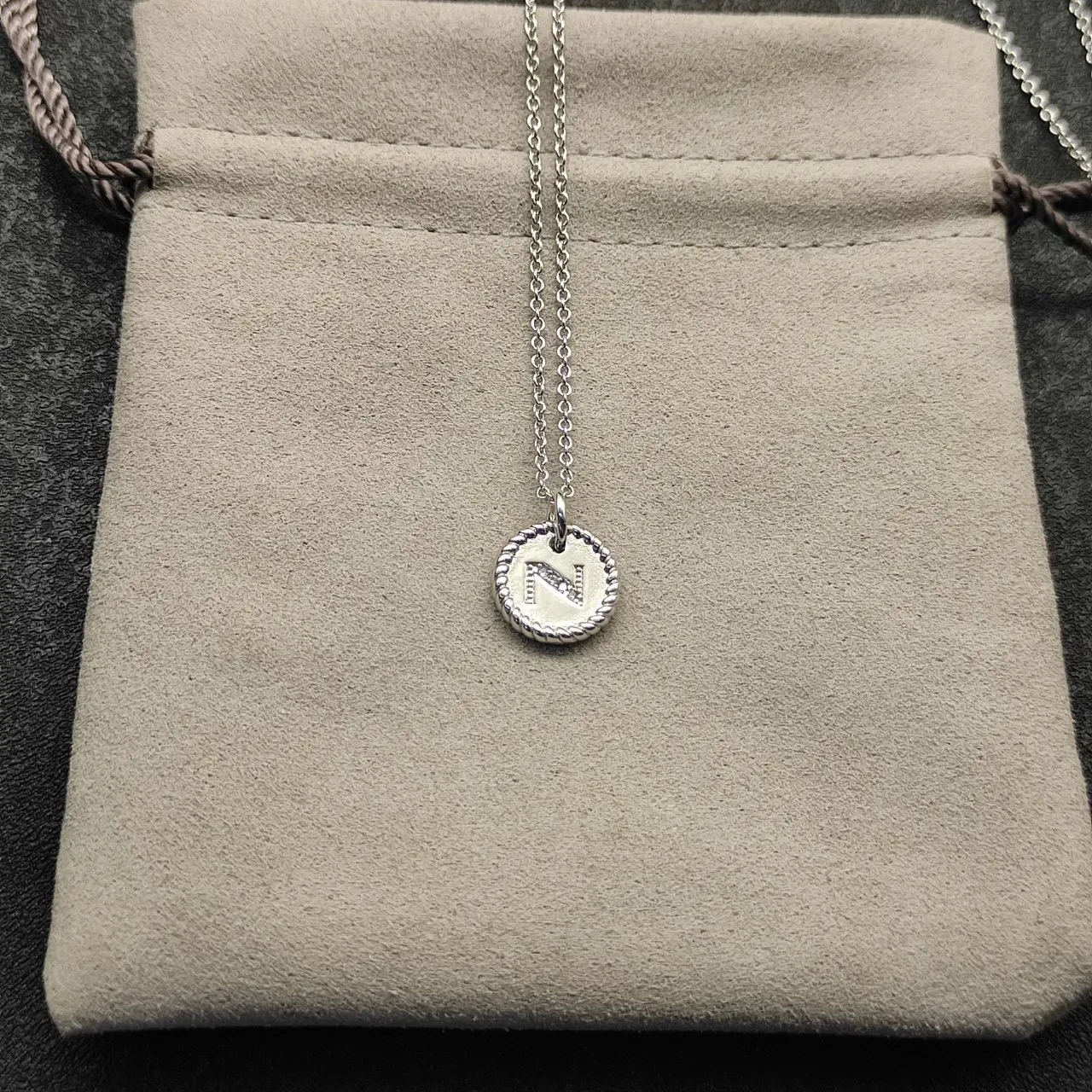 Silver-Tone Rope-Edge Initial 'N' Disc Pendant Necklace 2