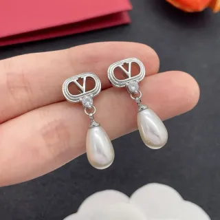 Silver-Tone V-Logo Crystal and Teardrop Pearl Drop Earrings