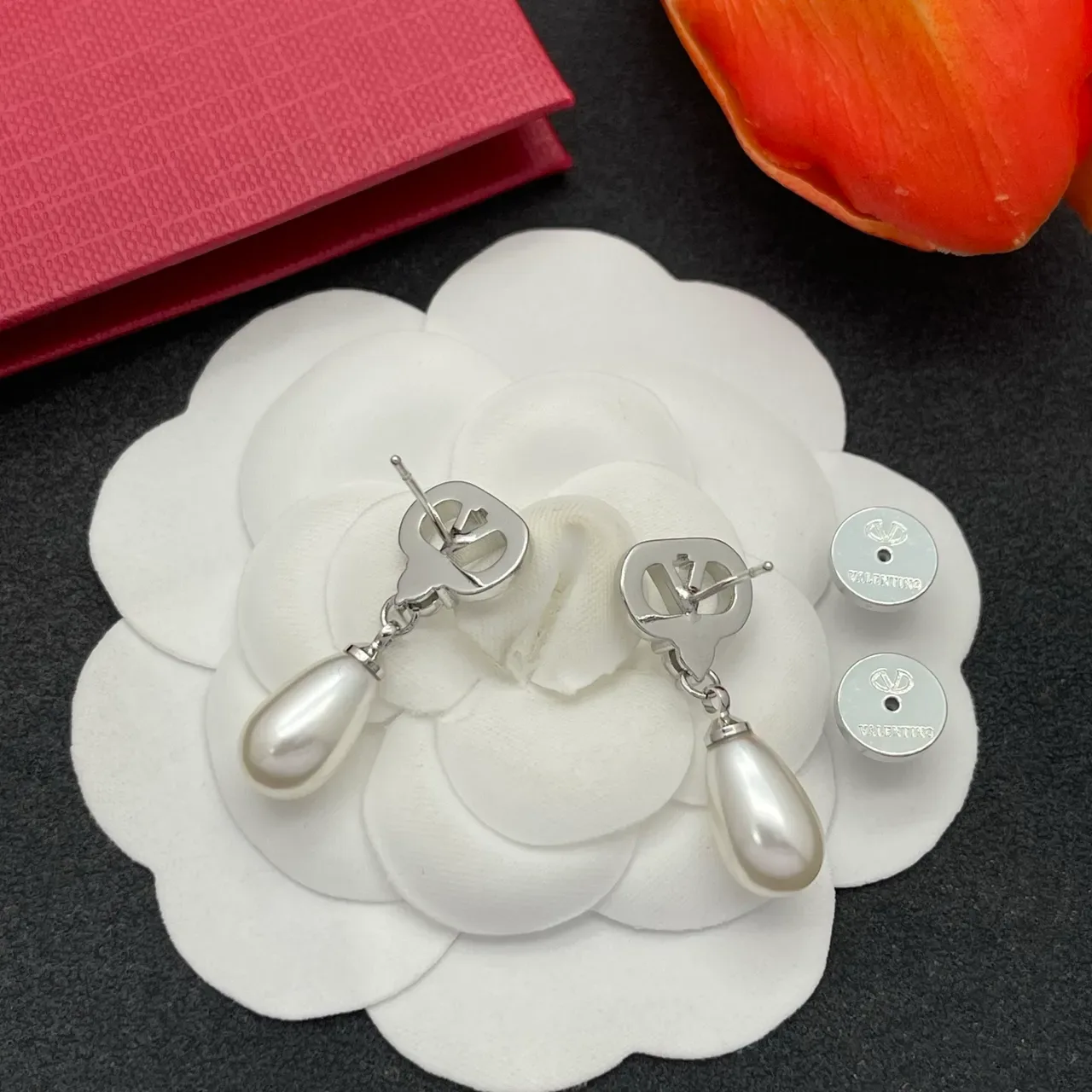 Silver-Tone V-Logo Crystal and Teardrop Pearl Drop Earrings 3