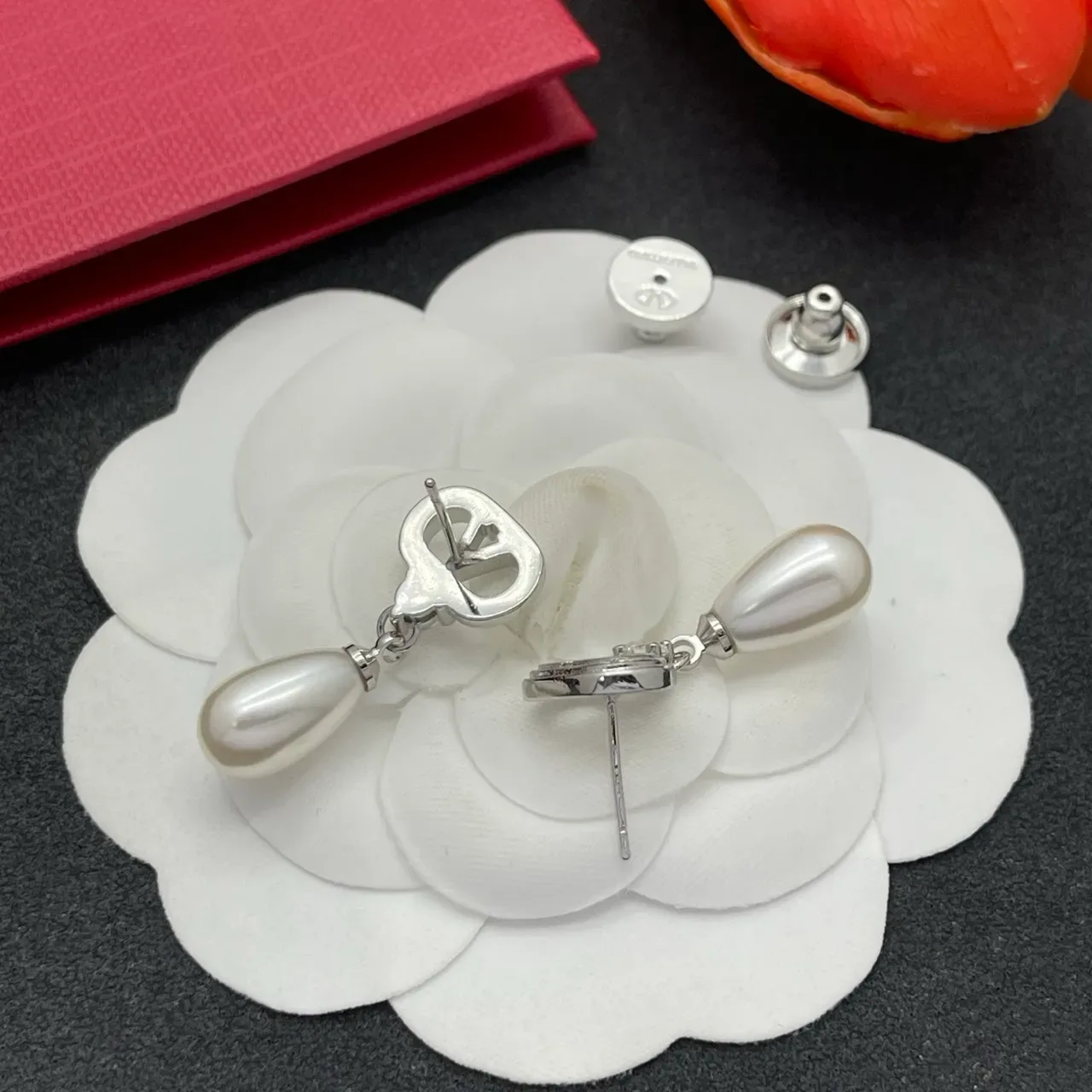 Silver-Tone V-Logo Crystal and Teardrop Pearl Drop Earrings 4