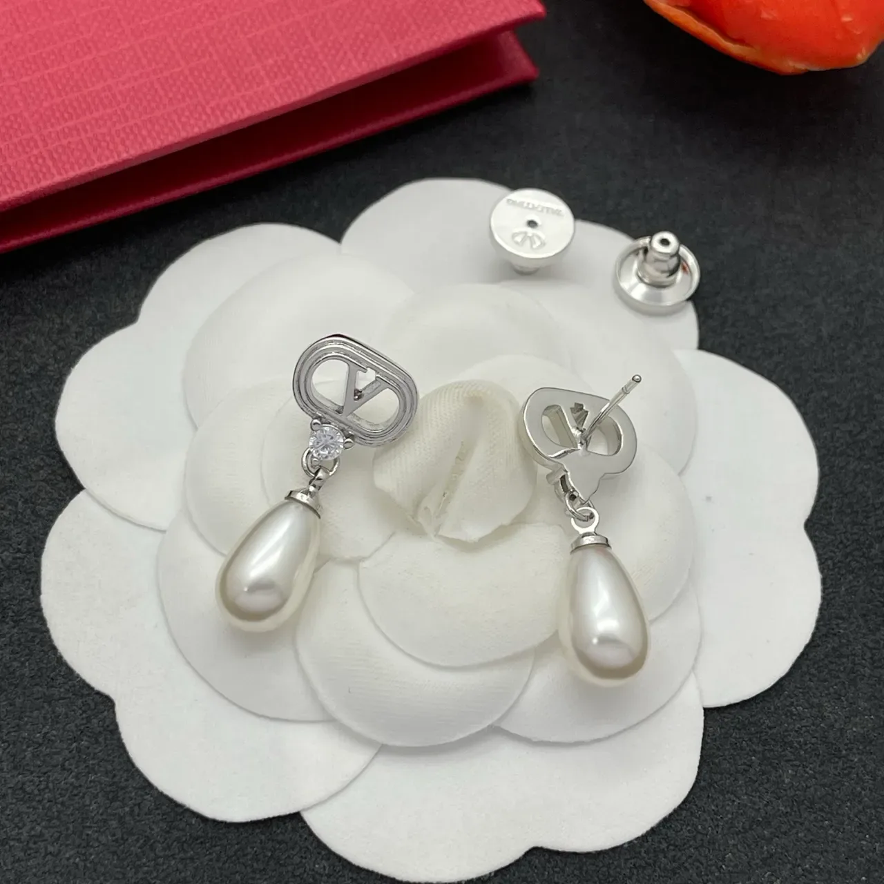 Silver-Tone V-Logo Crystal and Teardrop Pearl Drop Earrings 5