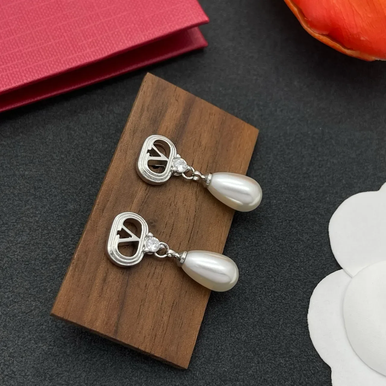 Silver-Tone V-Logo Crystal and Teardrop Pearl Drop Earrings 6