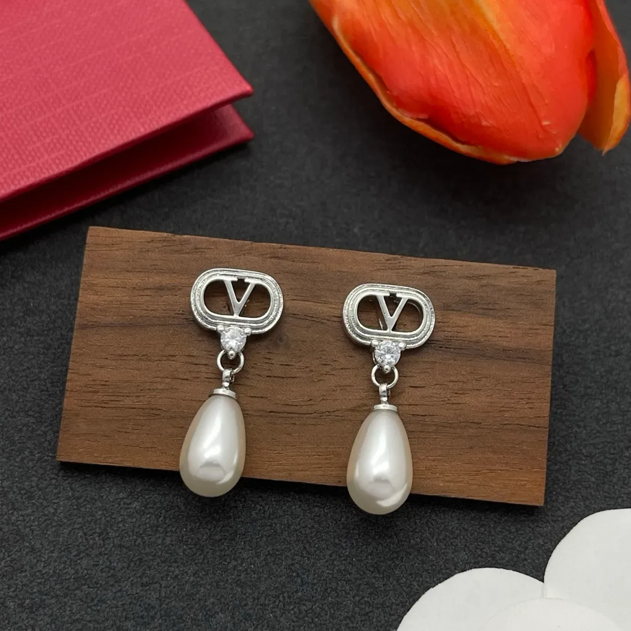 Silver-Tone V-Logo Crystal and Teardrop Pearl Drop Earrings 7