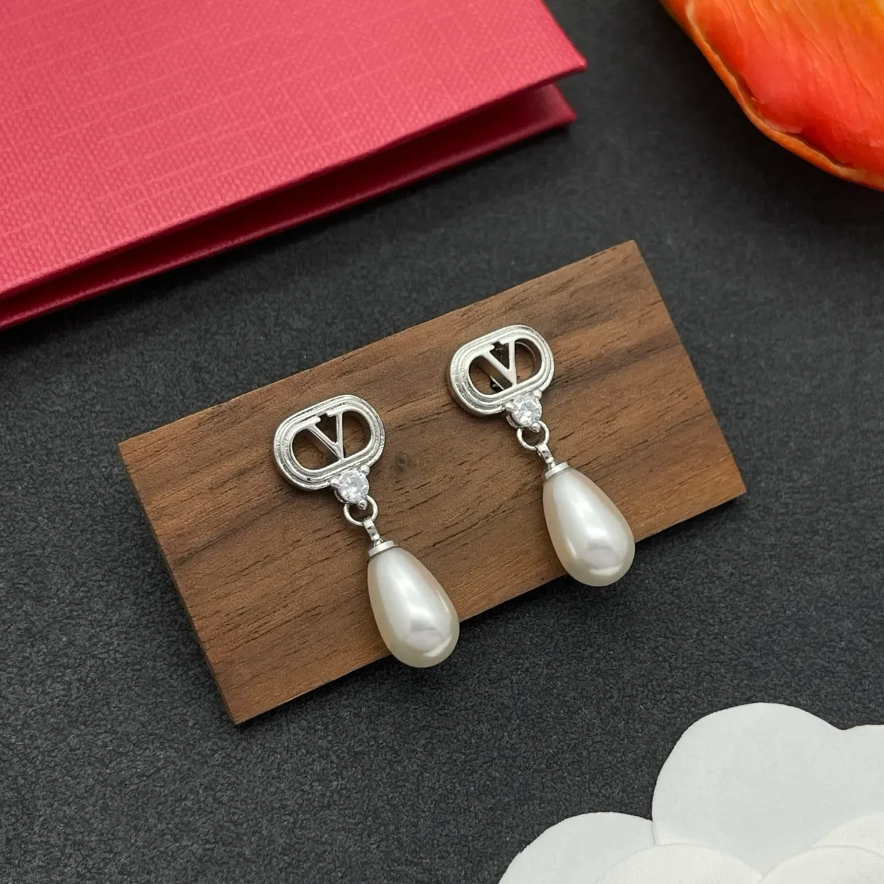 Silver-Tone V-Logo Crystal and Teardrop Pearl Drop Earrings 8
