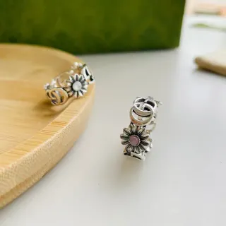 Silver-Toned Floral and Interlocking G Motif Adjustable Rings