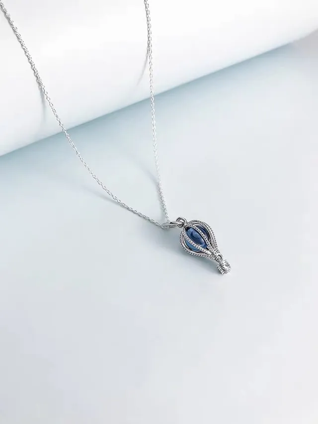 Silver-Toned Wire-Wrapped Blue Gemstone Hot-Air-Balloon Pendant Necklace 3