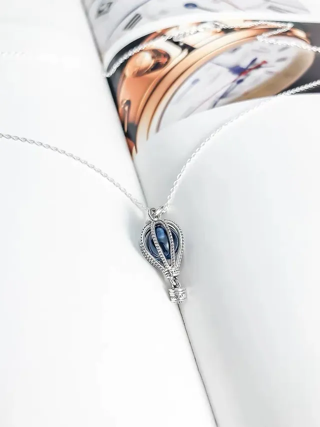Silver-Toned Wire-Wrapped Blue Gemstone Hot-Air-Balloon Pendant Necklace 5