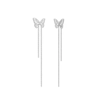 Silver Transparent Butterfly-Shaped Pavé Top Dual-Chain Tassel Drop Earrings