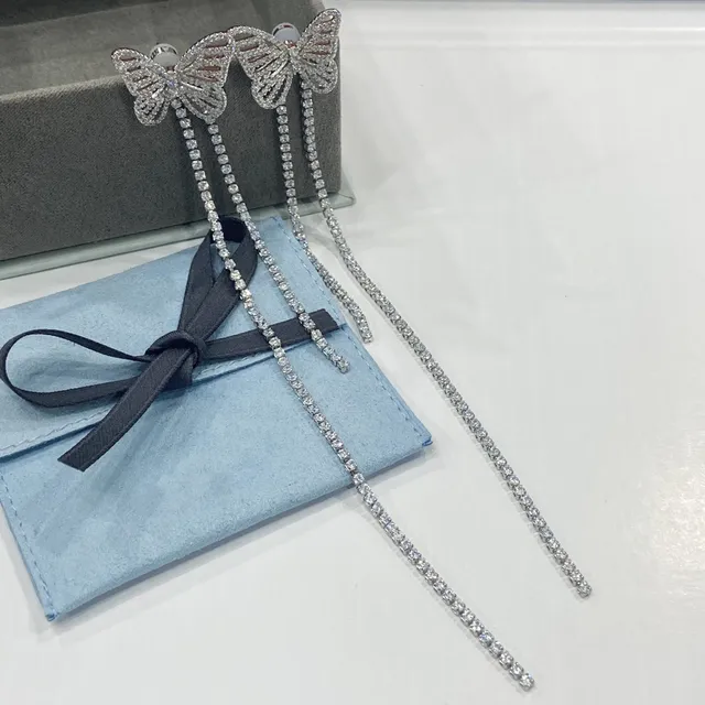 Silver Transparent Butterfly-Shaped Pavé Top Dual-Chain Tassel Drop Earrings 2