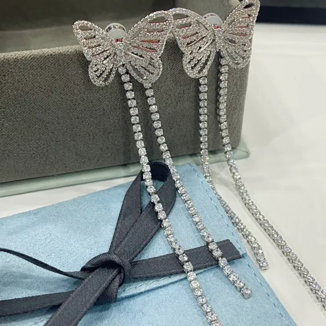 Silver Transparent Butterfly-Shaped Pavé Top Dual-Chain Tassel Drop Earrings 3