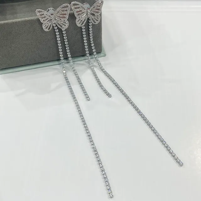 Silver Transparent Butterfly-Shaped Pavé Top Dual-Chain Tassel Drop Earrings 4