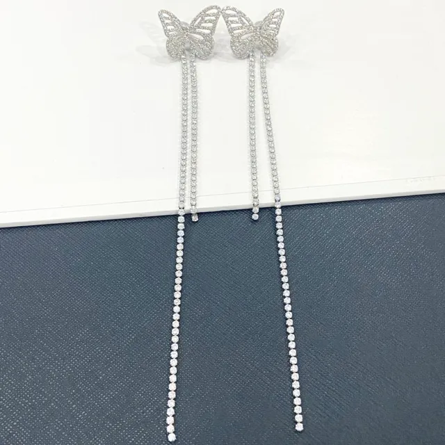 Silver Transparent Butterfly-Shaped Pavé Top Dual-Chain Tassel Drop Earrings 5