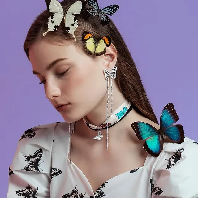Silver Transparent Butterfly-Shaped Pavé Top Dual-Chain Tassel Drop Earrings 8