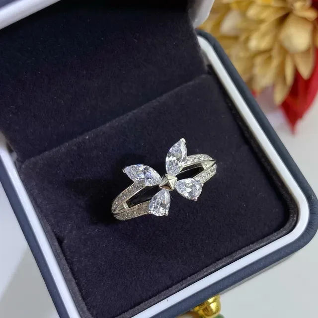 Silver White Floral Motif Marquise-Cut Stones Ring 5