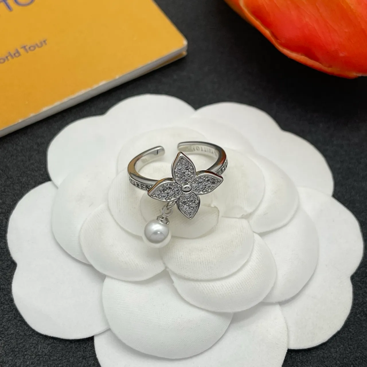 Silver White Flower-Shaped Pavé Top Dangling Pearl Pendant Ring 5