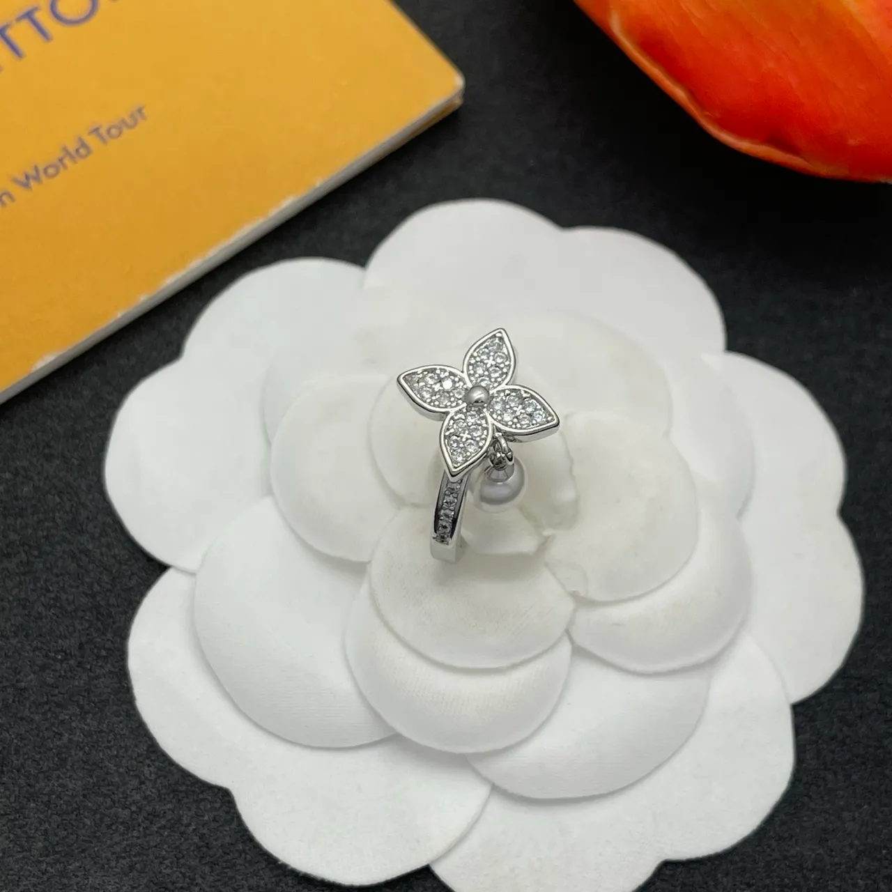 Silver White Flower-Shaped Pavé Top Dangling Pearl Pendant Ring 6