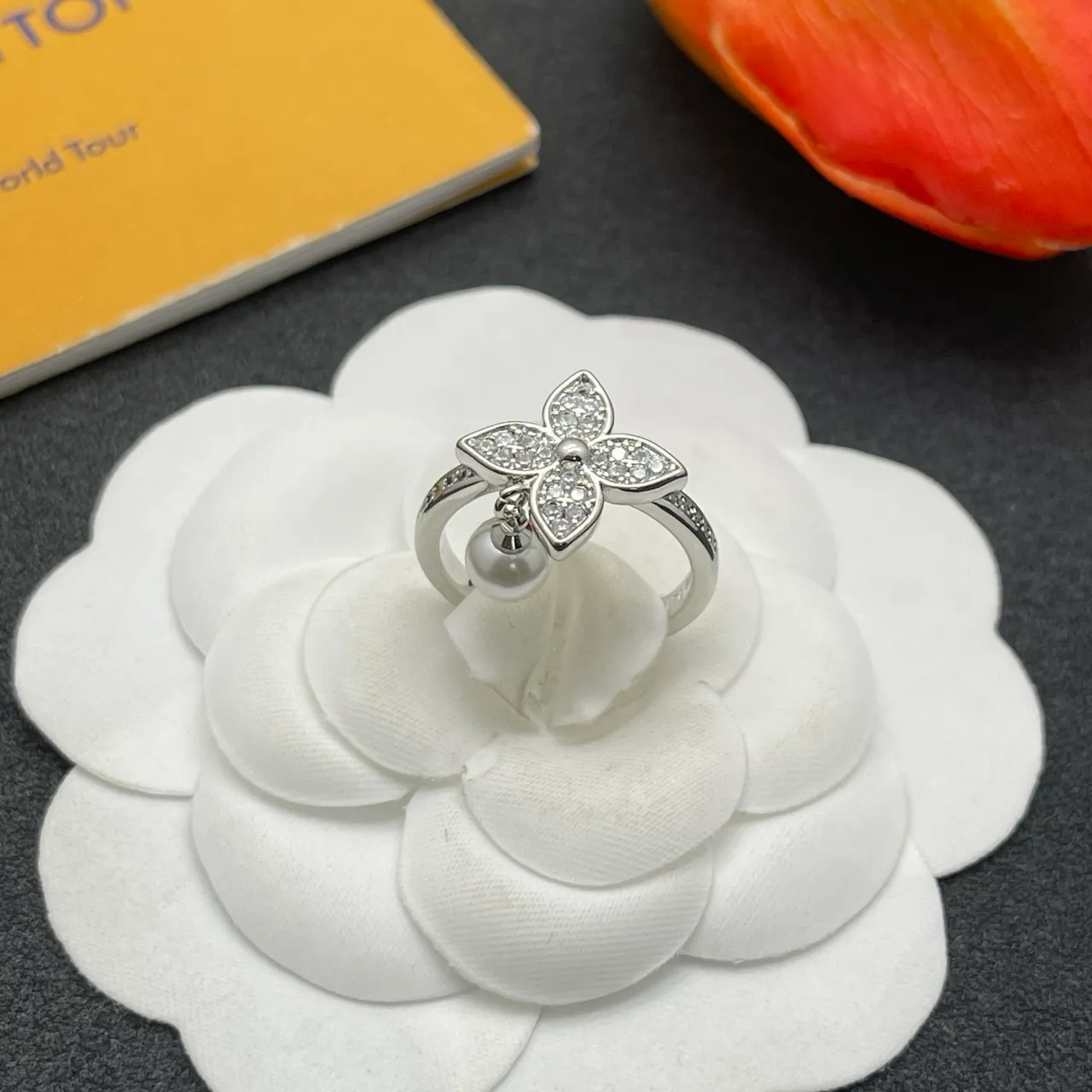Silver White Flower-Shaped Pavé Top Dangling Pearl Pendant Ring 7