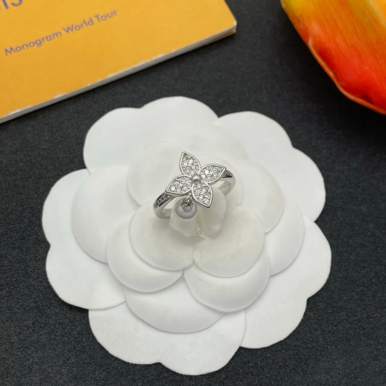 Silver White Flower-Shaped Pavé Top Dangling Pearl Pendant Ring 8