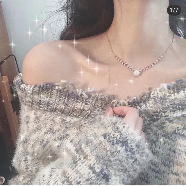 Silver White Leaf-Motif Chain Central Pearl Necklace 6