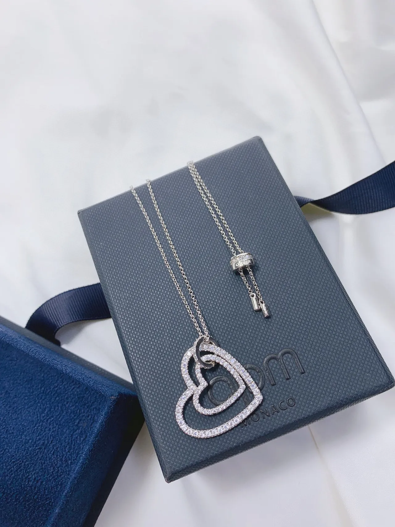Silver White Pavé-Set Diamonds Double-Outline Heart Pendant Necklace 3