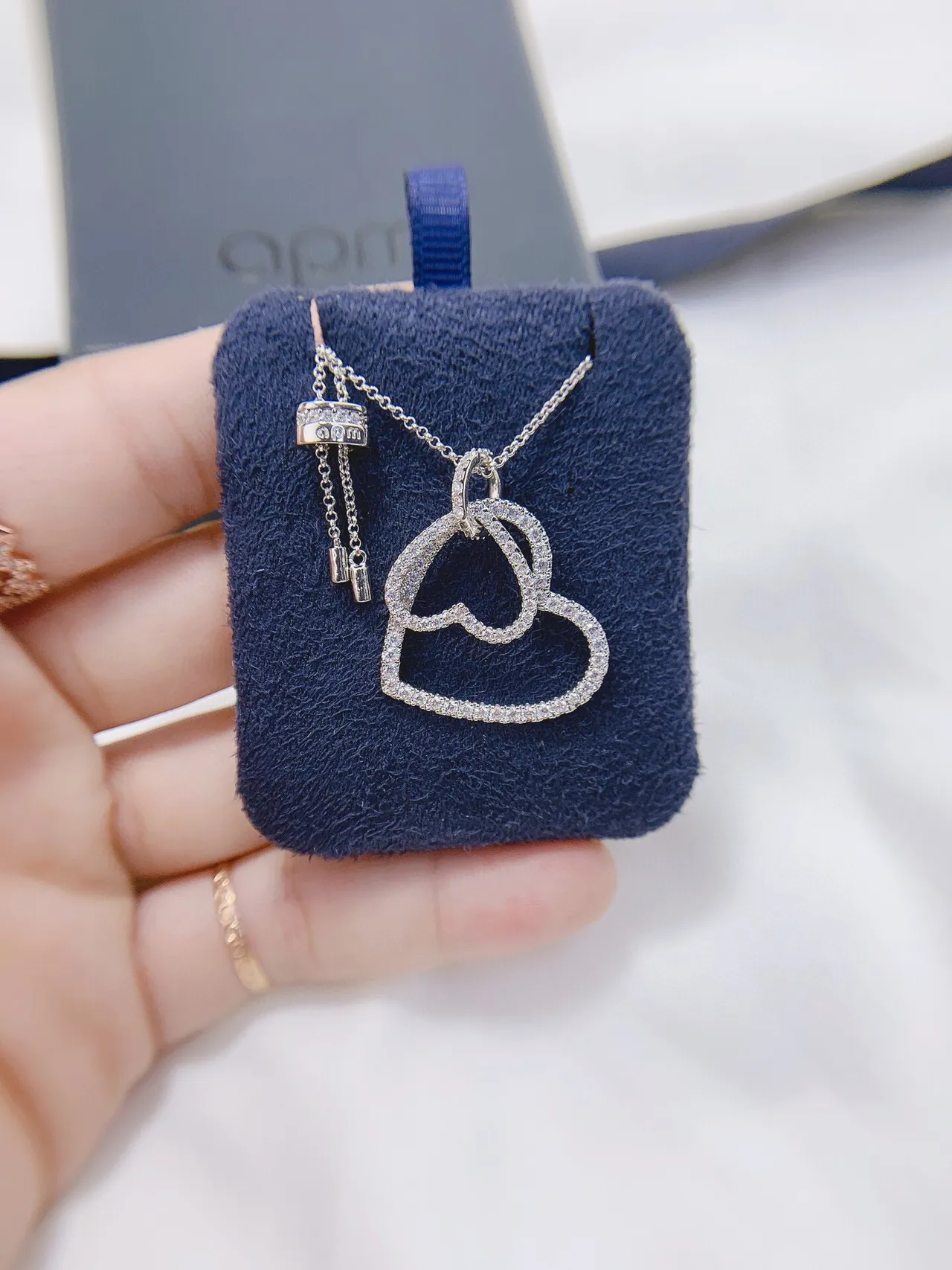 Silver White Pavé-Set Diamonds Double-Outline Heart Pendant Necklace 5