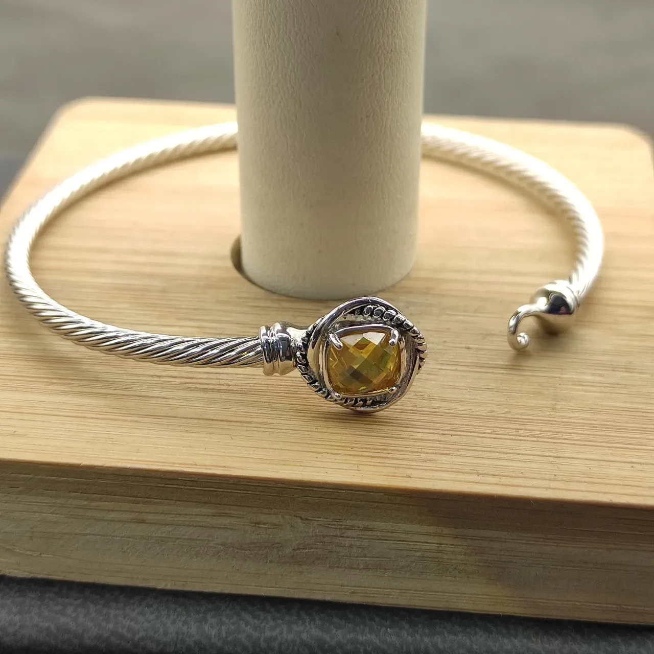 Silver Yellow Cable-Wire Construction Faceted Cushion-Cut Stone Bracelet 5