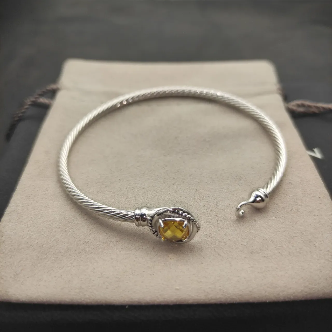 Silver Yellow Cable-Wire Construction Faceted Cushion-Cut Stone Bracelet 7