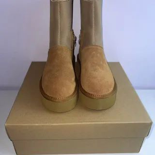 Tan Suede and Elastic Shaft Platform Ankle Boots
