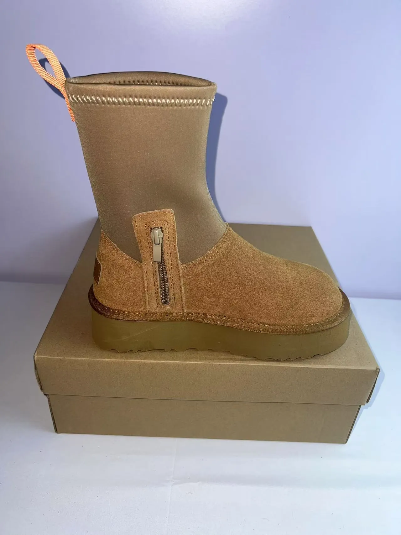 Tan Suede and Elastic Shaft Platform Ankle Boots 4