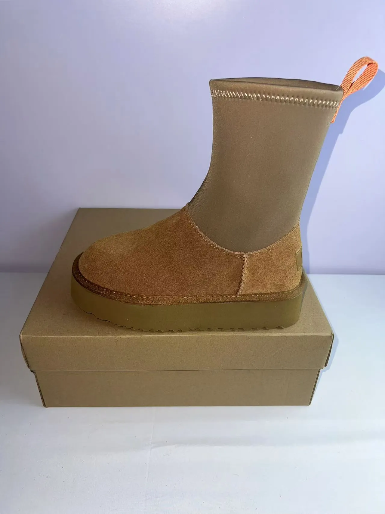 Tan Suede and Elastic Shaft Platform Ankle Boots 5