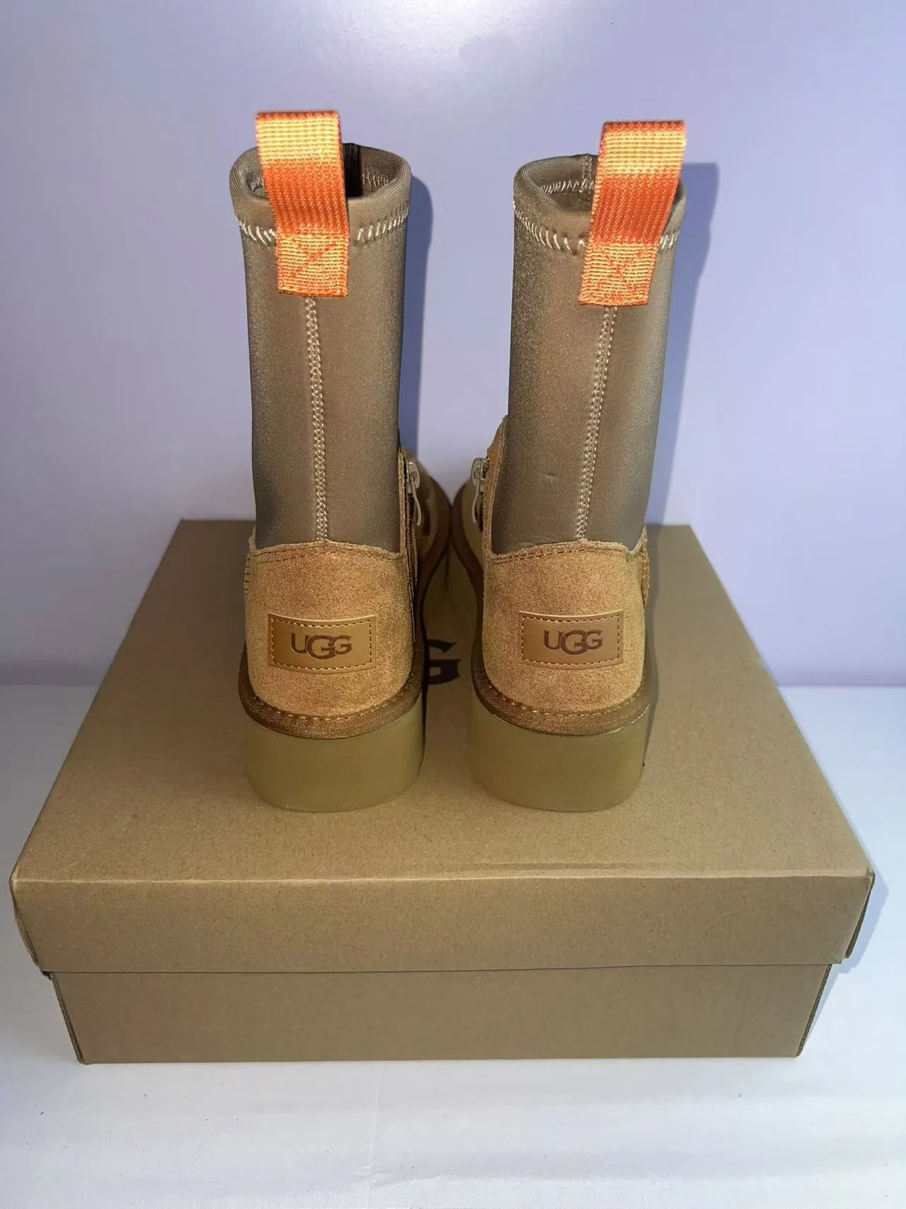 Tan Suede and Elastic Shaft Platform Ankle Boots 6